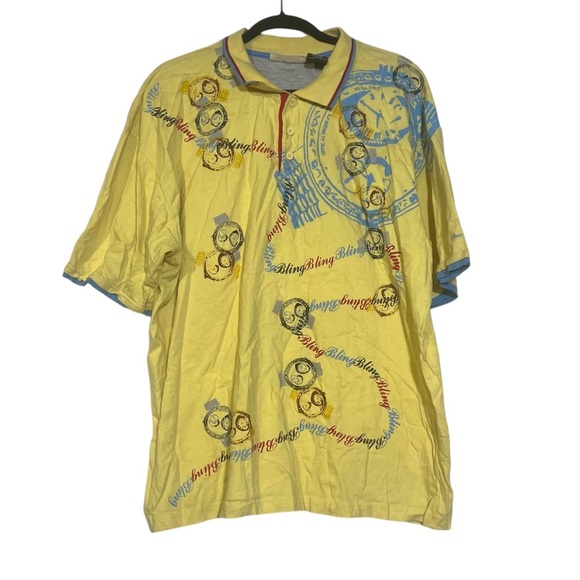 Y2K Paco Jeans Printed Polo Shirt Bling Bling Bling Yellow Red Blue Size 3X - Picture 1 of 11